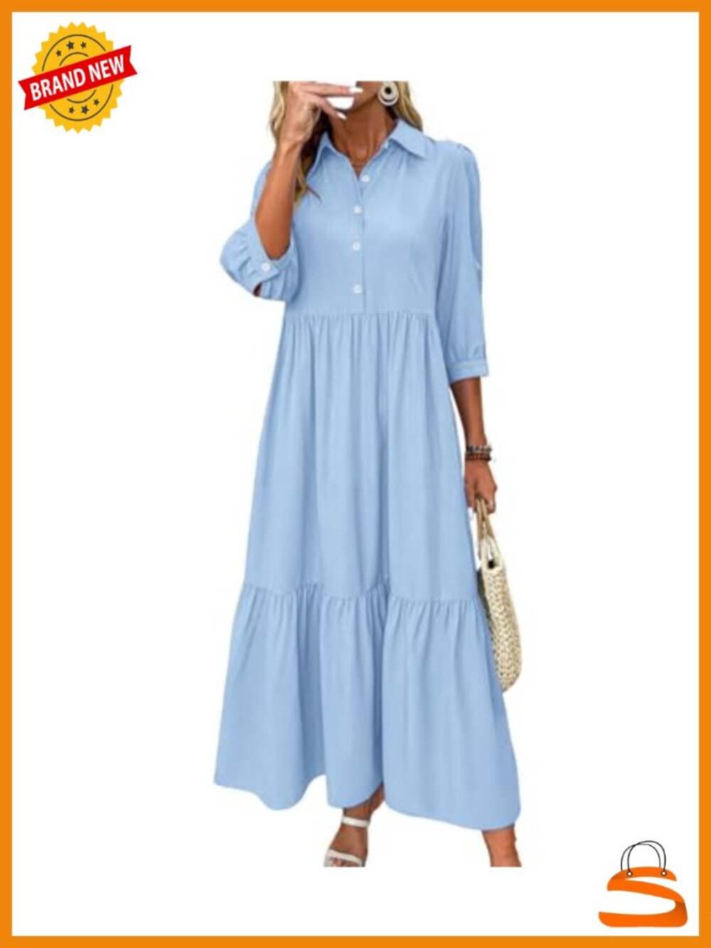 Women's Button Up Polo Collar Shirt Dress 3/4 Sleeve Ruffle Tiered Maxi